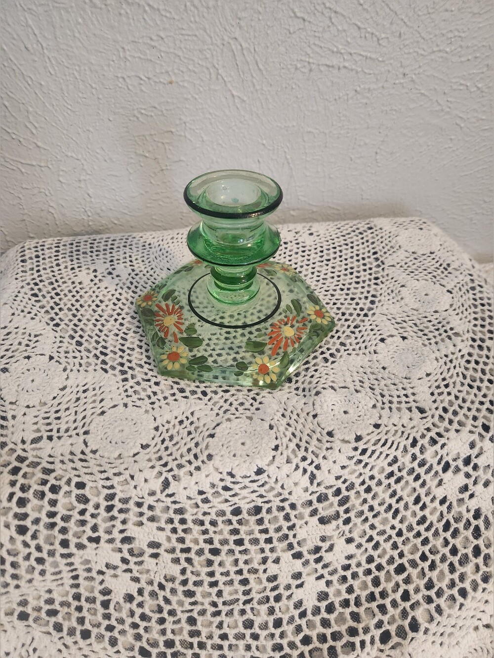Uranium Candle Holder With Handpainted Floral Details